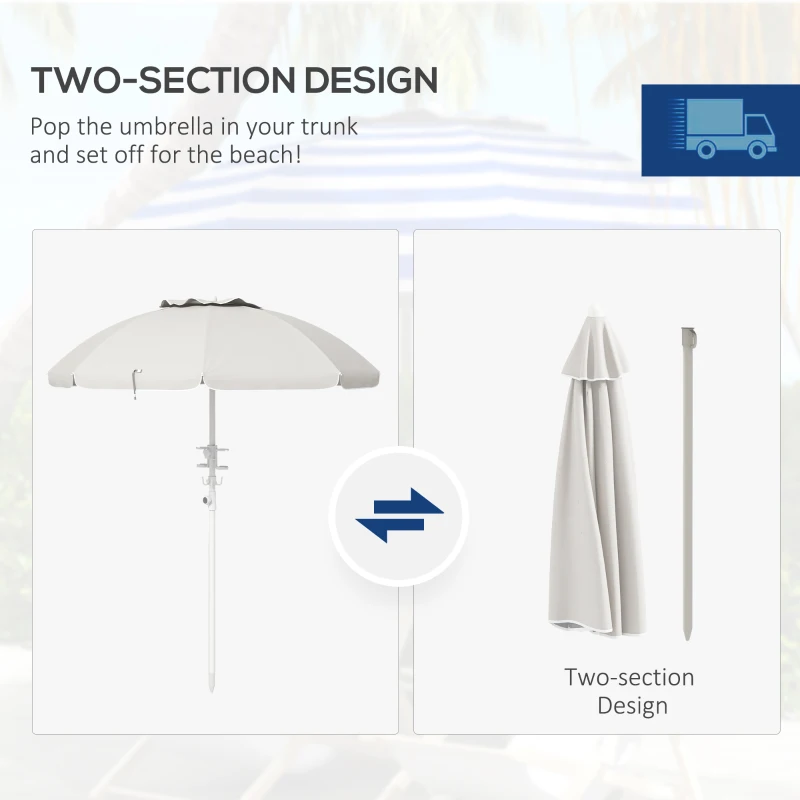 Outsunny 5.7' Beach Umbrella for Travel with Tilt, Adjustable Height, 2 Cup Holders, Hooks, Vent, Ruffles, Cream White