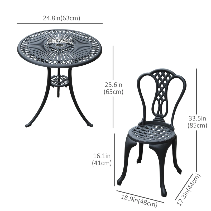 Outsunny 3 Pieces Antique Outdoor Bistro Set Cast Aluminum Patio Table and Chairs with Umbrella Hole, Black