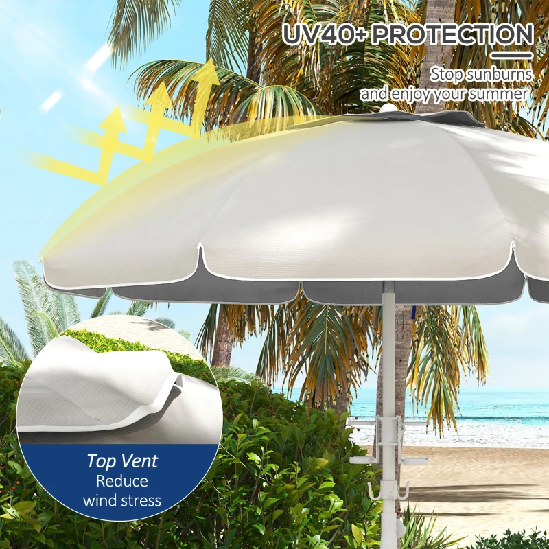 Outsunny 5.7' Beach Umbrella for Travel with Tilt, Adjustable Height, 2 Cup Holders, Hooks, Vent, Ruffles, Cream White