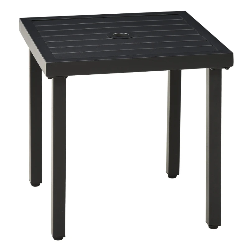 Outsunny Outdoor Side Table, Patio End Table with Umbrella Hole, Small Coffee Table with Steel Frame for Balcony, Black