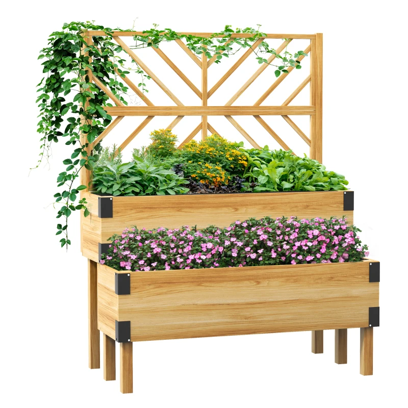 Outsunny Raised Garden Bed with Trellis, 2 Tier Wooden Elevated Planter Box, for Vegetables, Flowers, Herbs, Natural