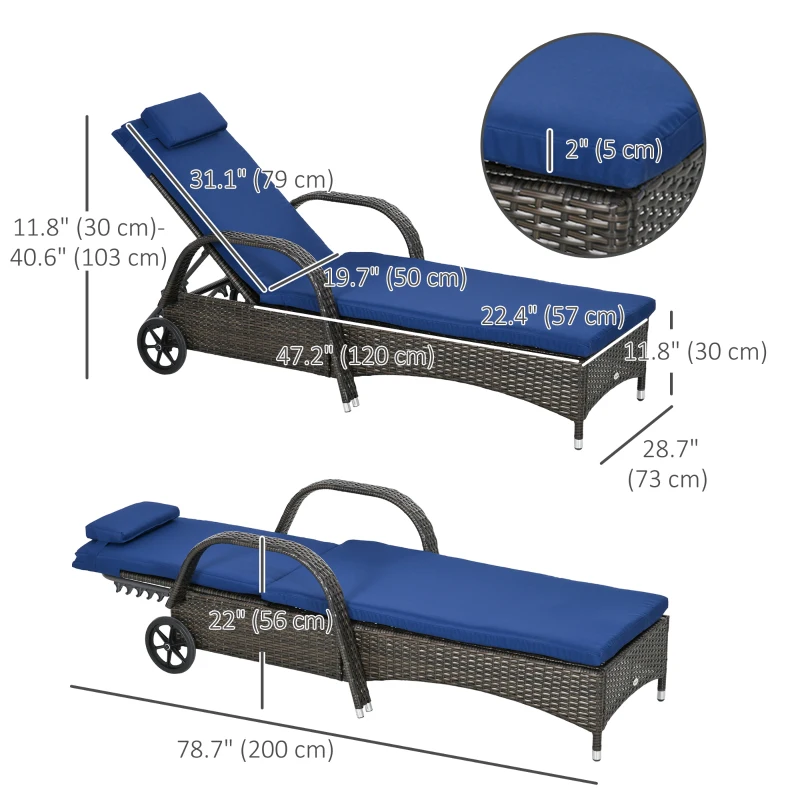 Outsunny Outdoor Lounger, Deck Lounge Chair with Headrest, 5-Level Adjustable, Backrest, Wheels, Mixed Brown and Dark Blue
