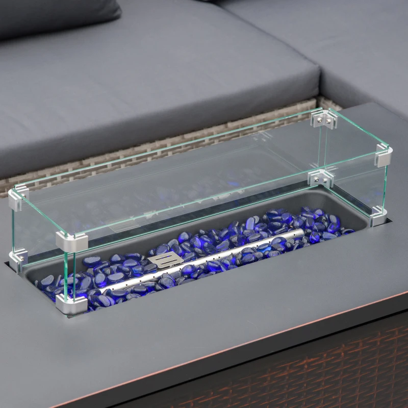 Outsunny 43 Inch Outdoor Propane Gas Fire Pit Table, 50,000 BTU Auto-Ignition Rectangular Wicker-effect Gas Firepit with Glass Wind Guard, Lid, Glass Beads, Steel Base, CSA Certification, Bronze