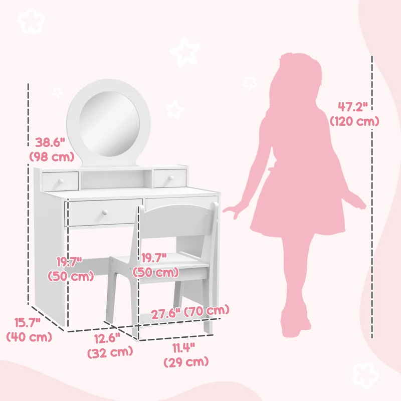 Qaba Kids Vanity Set, Children Makeup Table with Mirror, Stool and Storage Drawers, for Ages 3-8, White