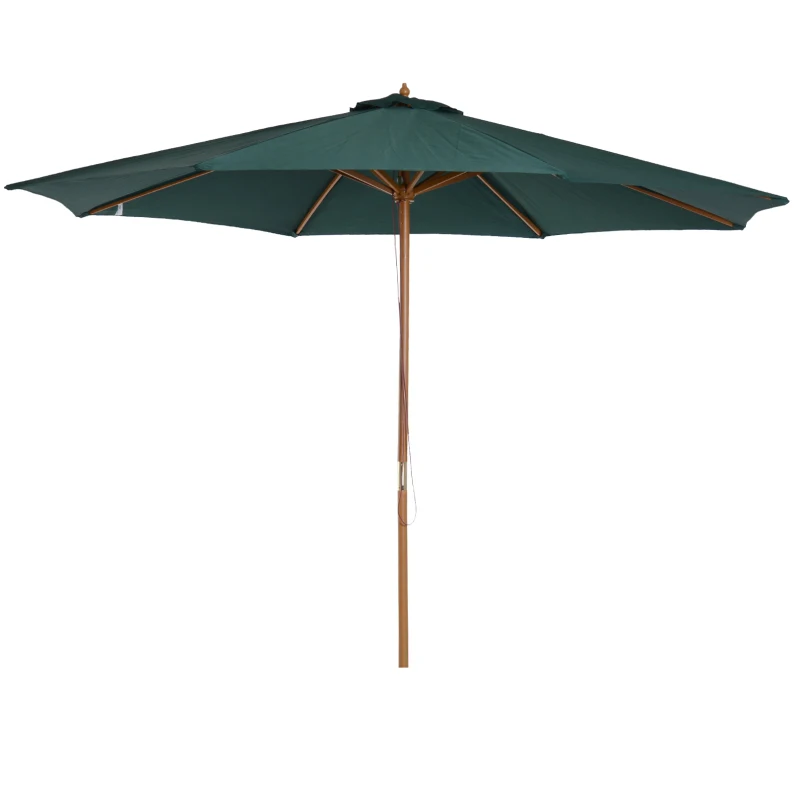 Outsunny 10FT Round Patio Umbrella with Rope Pulley Mechanism, Wooden Market Umbrella, Garden Parasol with 8 Ribs, Dark Green