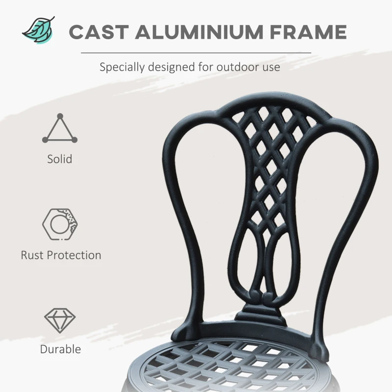 Outsunny 3 Pieces Antique Outdoor Bistro Set Cast Aluminum Patio Table and Chairs with Umbrella Hole, Black