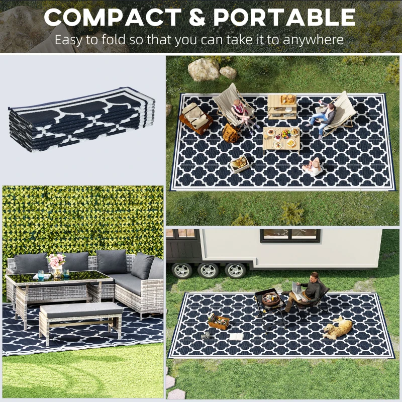 Outsunny Reversible Outdoor RV Rug, 9' x 18' Patio Floor Mat, Plastic Straw Rug for Backyard, Deck, Picnic, Beach, Camping, Dark Blue and White