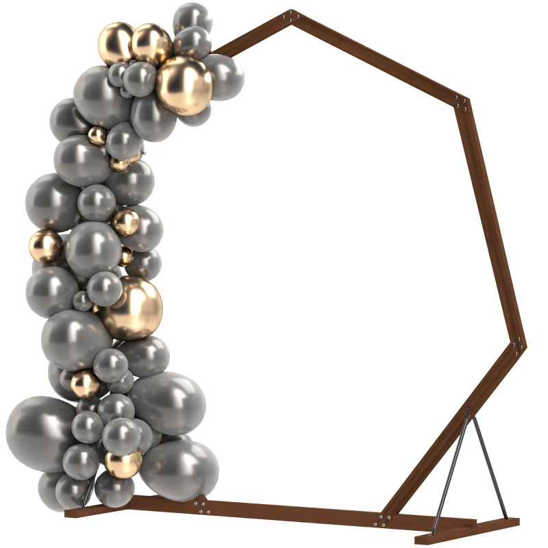 Outsunny 7FT Heptagon Wooden Wedding Arch with Triangular Base, Ground Stakes for Ceremony, Garden, Birthday, Brown