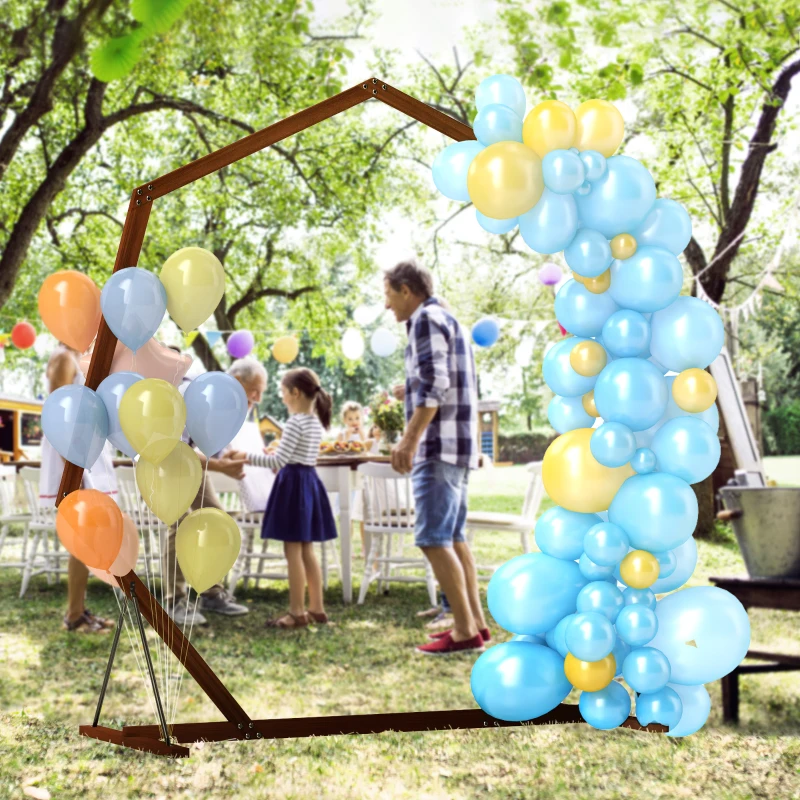 Outsunny 7FT Heptagon Wooden Wedding Arch with Triangular Base, Ground Stakes for Ceremony, Garden, Birthday, Brown