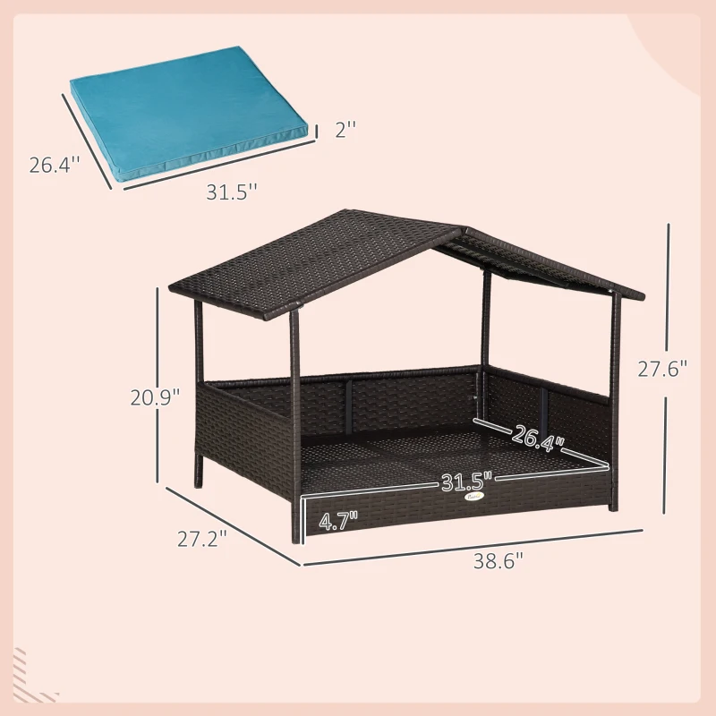PawHut Wicker Dog House Outdoor with Canopy, Rattan Dog Bed with Water-resistant Cushion, Raised Pet Bed for Small, Medium Breeds up to 66 lbs, 20" in Length, Brown Wicker, Blue Cushion