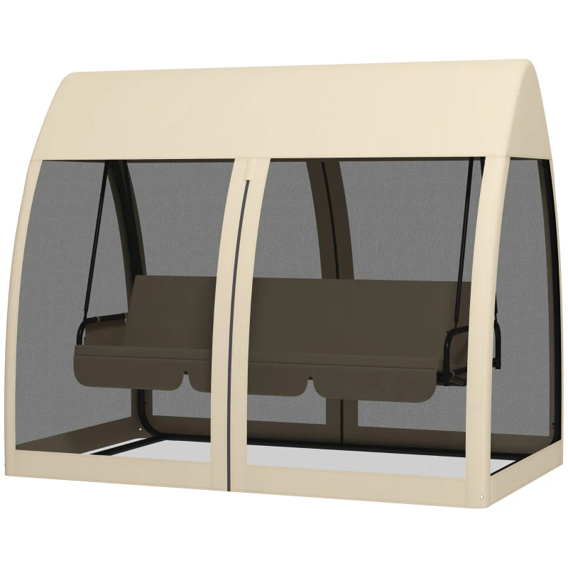 Outsunny 3-Seater Outdoor Swing Chair Chaise Lounger Bed Garden Hammock with Steel Stand, Canopy Netting Walls, Beige