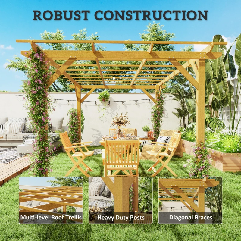 Outsunny 10' x 13' Wood Pergola, Outdoor Gazebo Grape Trellis for Climbing Plant Support, Garden, Patio, Backyard, Nature Wood