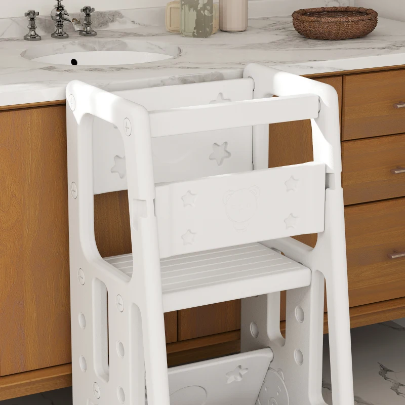 Qaba Toddler Kitchen Helper 2 Step Stool with Adjustable Height Platform and Safety Rail, White