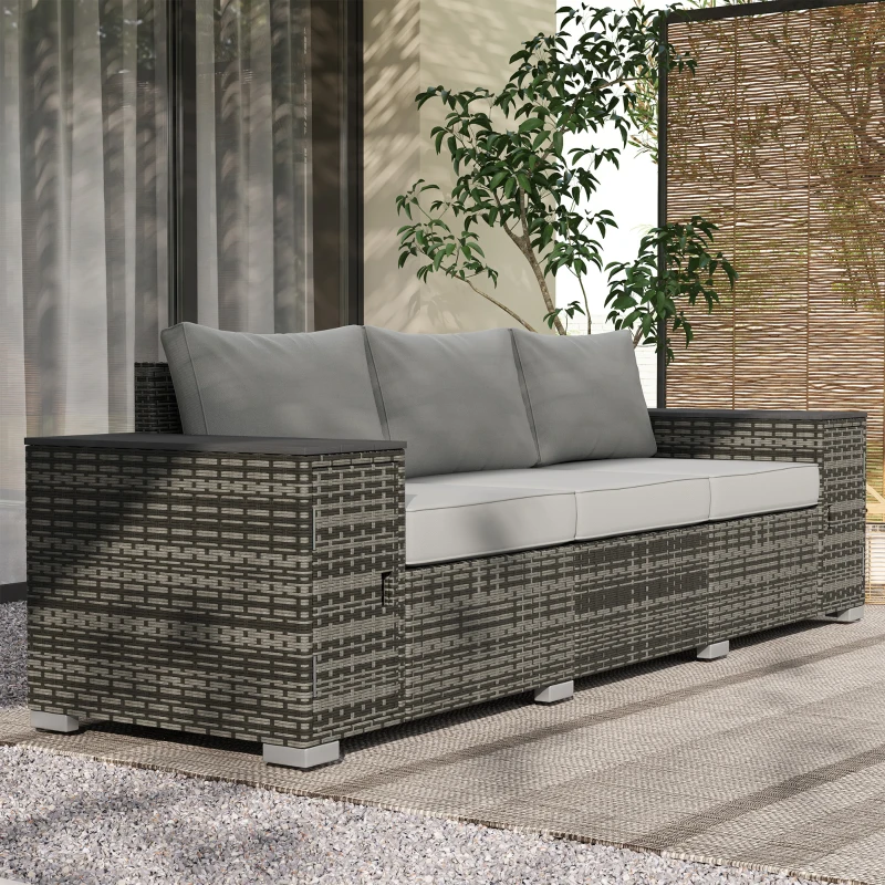 Outsunny 3 Seater Wicker Outdoor Couch Patio Sofa with Storage, Thickened Cushions and Wide Armrests for Porch Yard, Gray