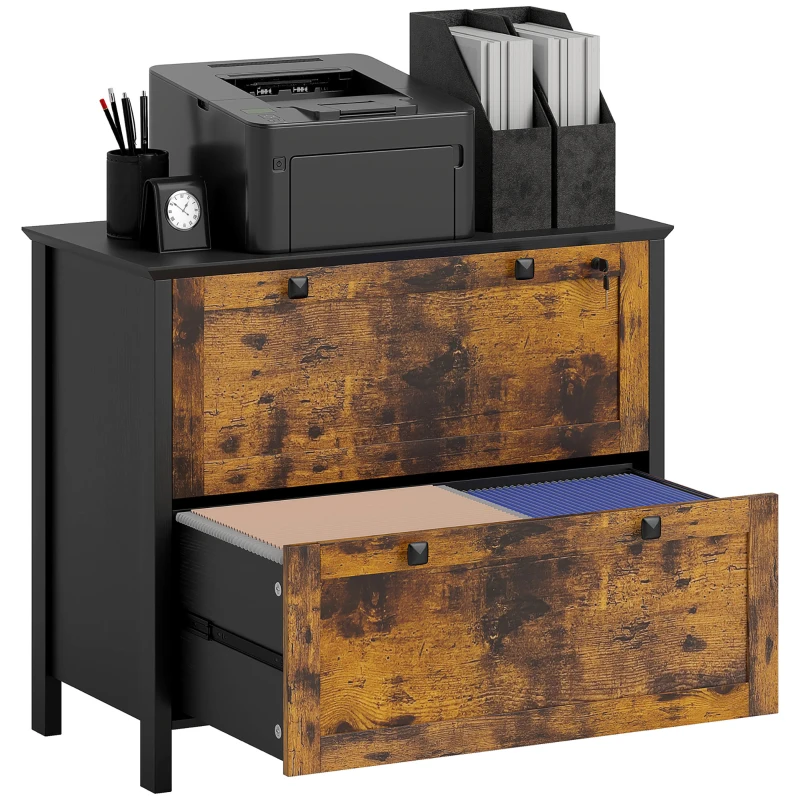 HOMCOM 2 Drawer File Cabinet, Lockable Filing Cabinet with Adjustable Hanging Bar for Letter, A4 Size, Rustic Brown