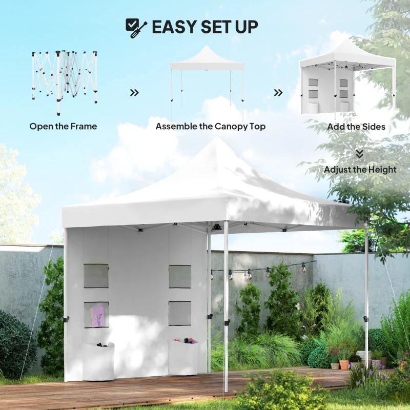 Outsunny 10' x 10' Heavy Duty Pop Up Canopy Tent w/ Sidewall, UPF50+ Instant Sun Shelter w/ Storage Pockets, Wheeled Bag, White