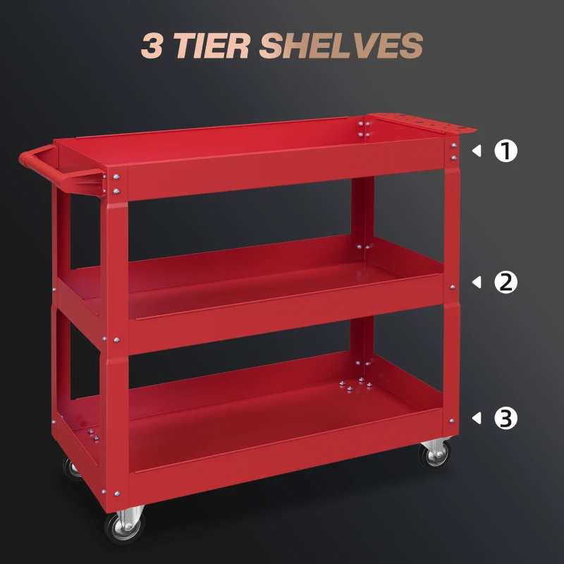 DURHAND 3 Tier Rolling Tool Cart with Wheels, 330 LBS Capacity Heavy Duty Utility Cart, Mobile Service Cart for Garage, Red