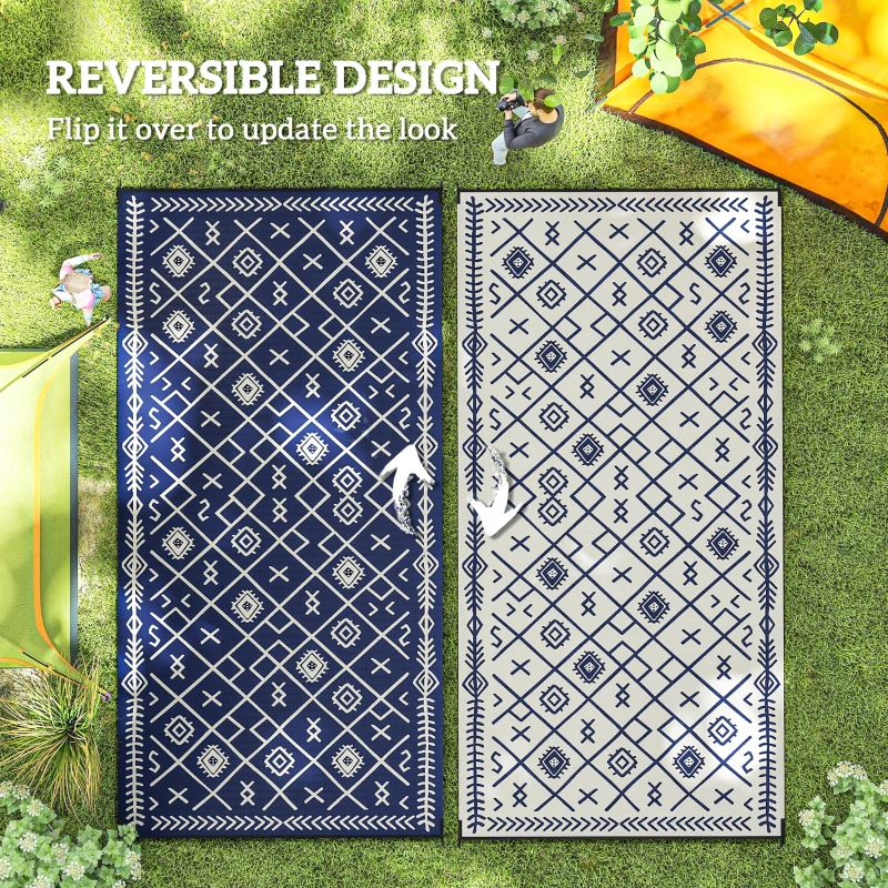 Outsunny Reversible Outdoor Rug, Waterproof Plastic Straw with Carry Bag, 9' x 18', Blue & White Rhombus
