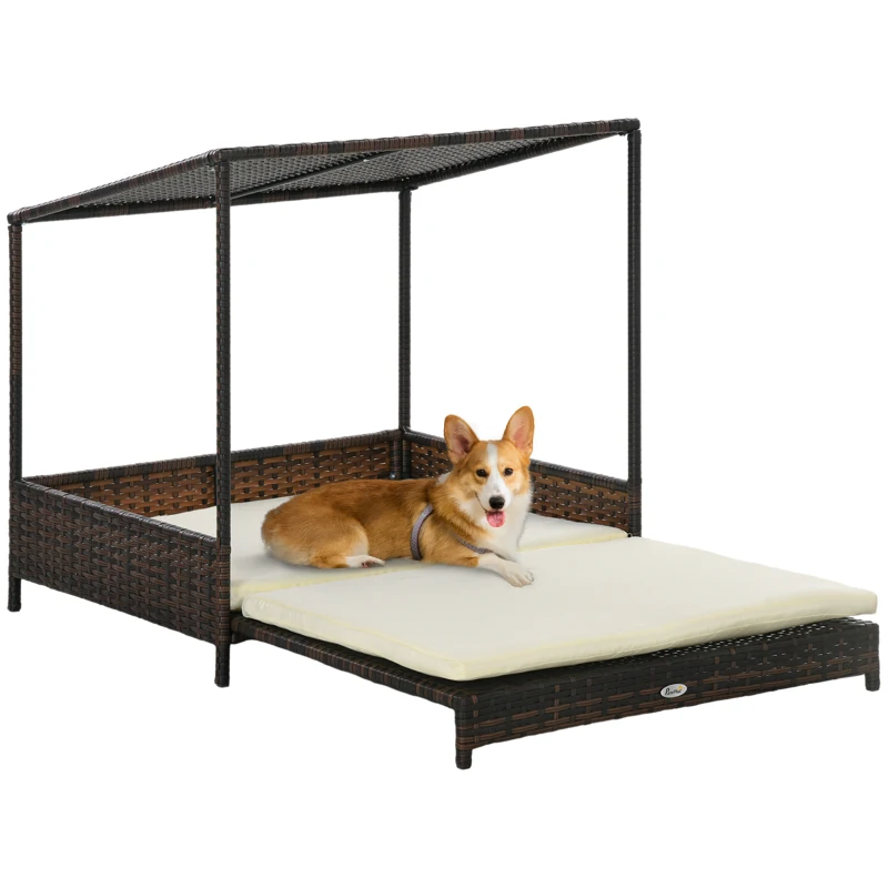 PawHut Outdoor Dog Bed, Extendable Wicker Dog Bed with Roof, Soft Cushion for Small and Medium Dogs, Mixed-Brown