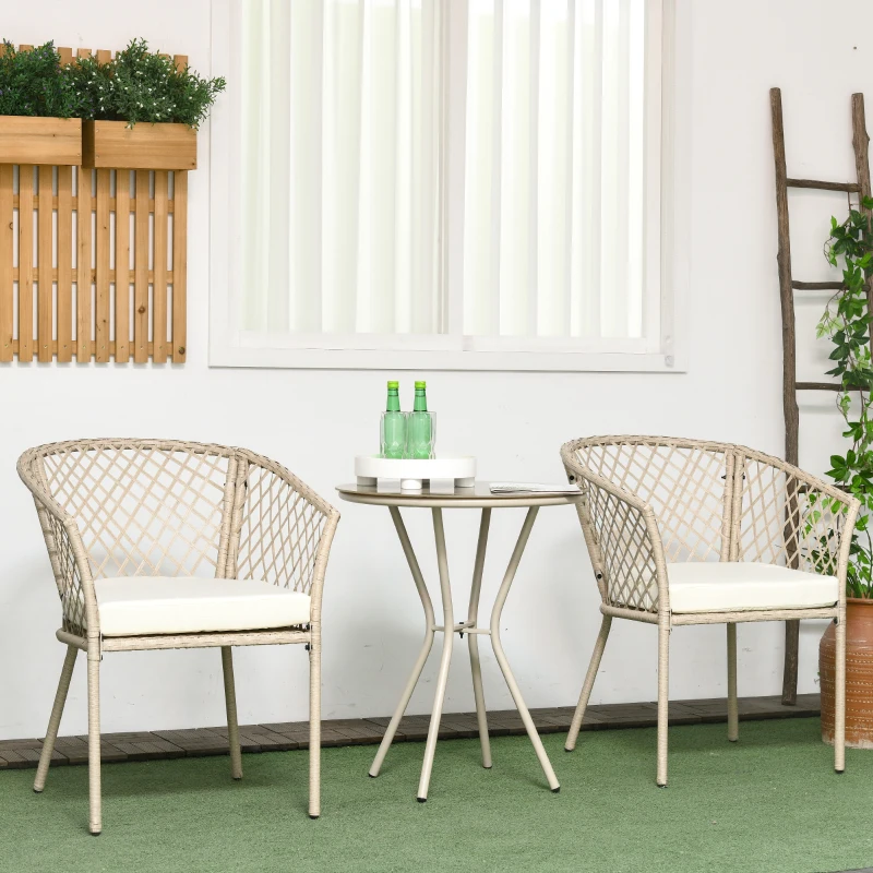 Outsunny 3 Pieces Patio Furniture Outdoor PE Rattan Bistro Set w/ Seat Cushions, Glass Table for Garden, Backyard, Beige