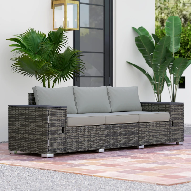 Outsunny 3 Seater Wicker Outdoor Couch Patio Sofa with Storage, Thickened Cushions and Wide Armrests for Porch Yard, Gray