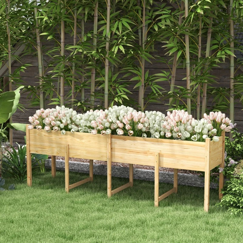 Outsunny Wooden Raised Garden Bed, Large Elevated Planter Box with Legs, Bed Liner and Drain Holes, 7.4' x 1.8' x 2.6', Natural