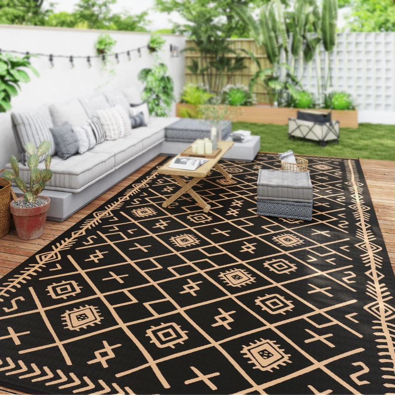 Outsunny Reversible Outdoor Rug, Waterproof Plastic Straw with Carry Bag, 9' x 18', Black & Brown Rhombus
