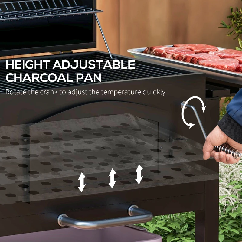 Outsunny Charcoal BBQ Grill w/ Adjustable Height, Folding Shelves, Thermometer, and Wheels, Black