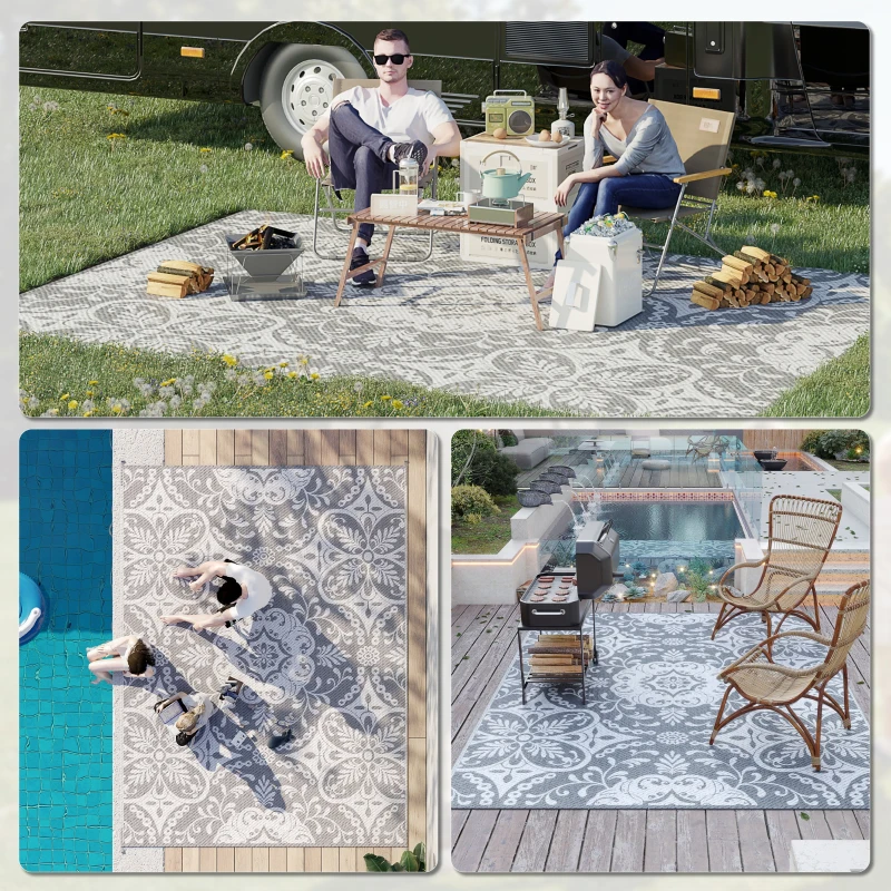 Outsunny Portable Outdoor Rug with Carry Bag, 9' x 12' Reversible Mat, Waterproof Plastic Straw RV Rug for Backyard, Deck, Picnic, Beach, Camping, Gray & White Flower