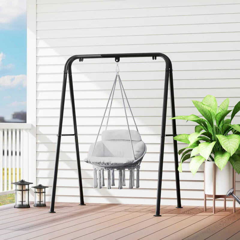 Outsunny Hammock Swing Chair, Macrame Hanging Chair with Large Cushion, Chain, Steel Frame for Indoor Outdoor Use, Gray