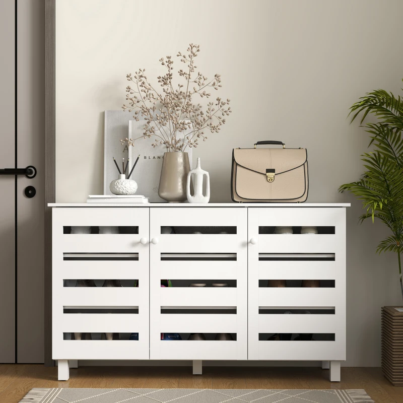 HOMCOM Shoe Cabinet with 3 Slatted Doors, 3-tier Shelving Rack Cabinet with Adjustable Shelves for 15 Pairs of Shoes, White