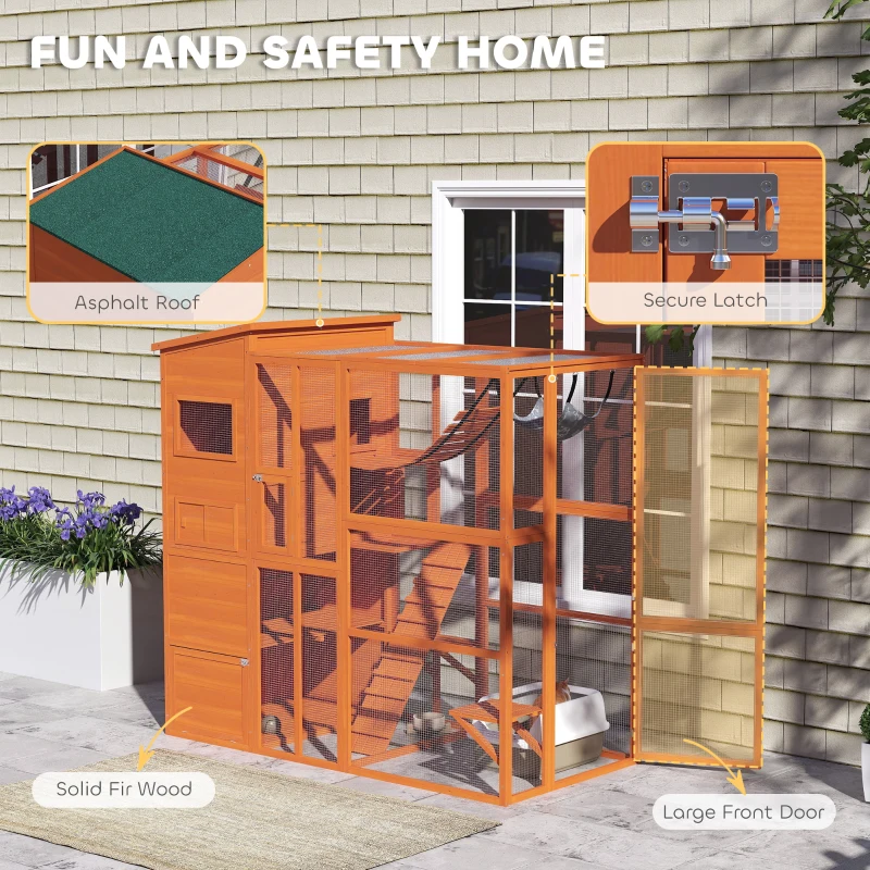 PawHut 76" Catio Outdoor Cat Enclosure with Cat Condo, Jumping Platforms, Ladder, Ramps, Hammock for 2-3 Indoor Cats, Orange