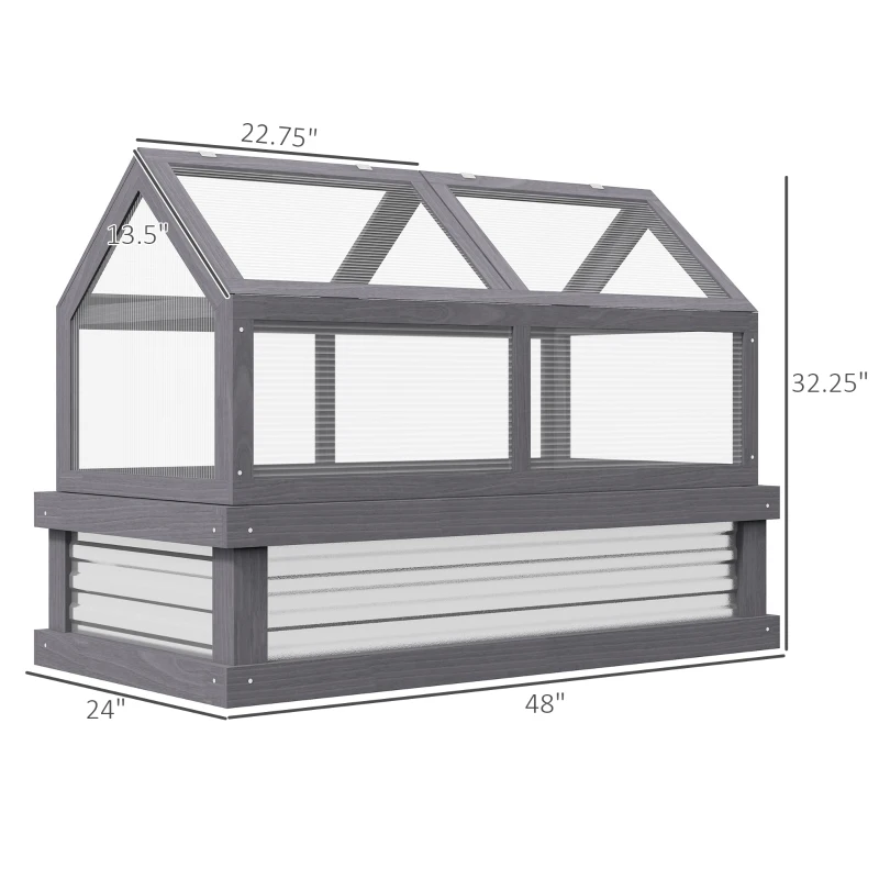 Outsunny Raised Garden Flower Bed Kit w/ Greenhouse, Wooden Cold Frame Planter, Gray