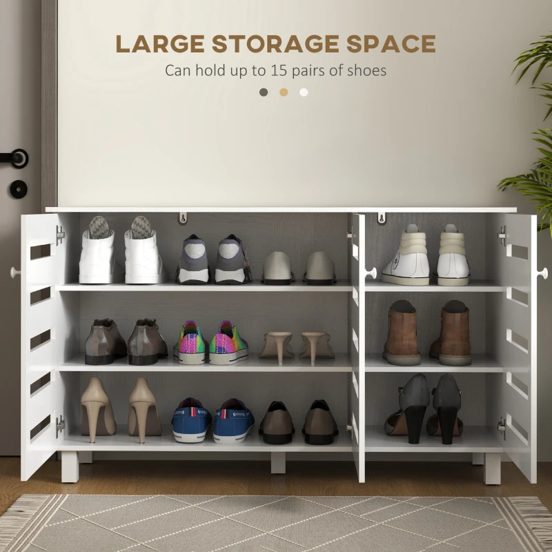 HOMCOM Shoe Cabinet with 3 Slatted Doors, 3-tier Shelving Rack Cabinet with Adjustable Shelves for 15 Pairs of Shoes, White
