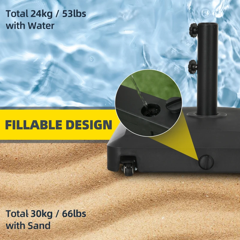 Outsunny Patio Umbrella Base with Wheels, 53lbs Water or 66lbs Sand Filled, Heavy Duty Outdoor Umbrella Stand Holder, Black