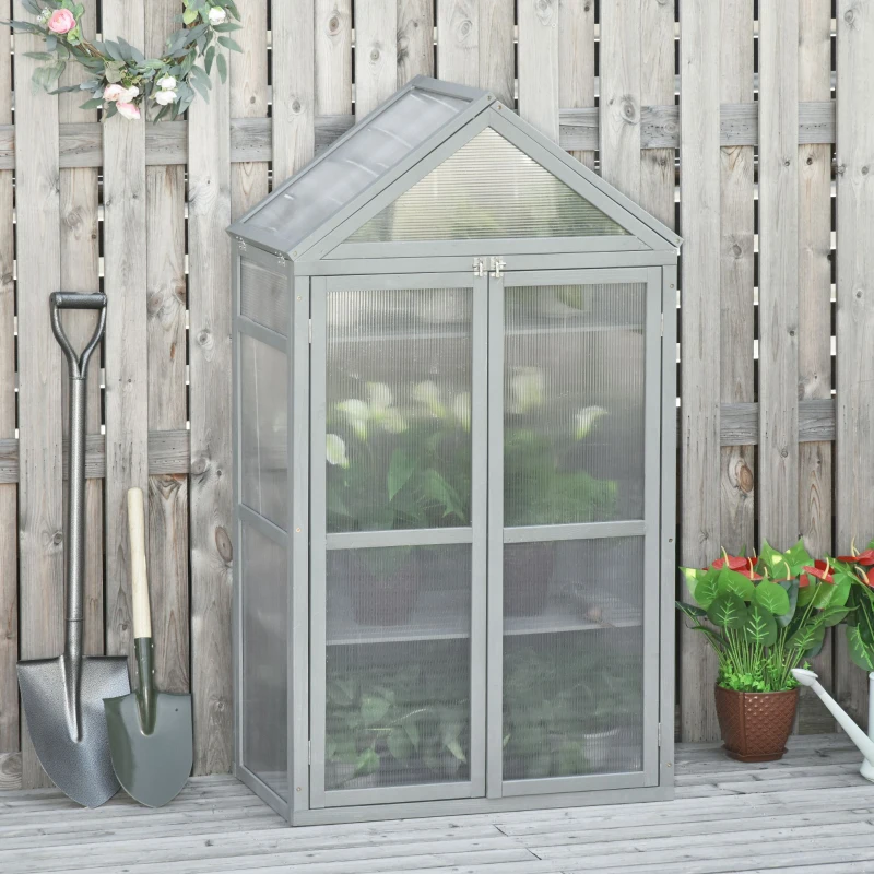 Outsunny 32" x 19" x 54" Garden Wood Cold Frame Greenhouse Flower Planter with Adjustable Shelves, Double Doors, Grey