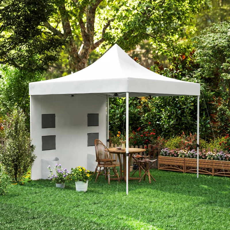 Outsunny 10' x 10' Heavy Duty Pop Up Canopy Tent w/ Sidewall, UPF50+ Instant Sun Shelter w/ Storage Pockets, Wheeled Bag, White
