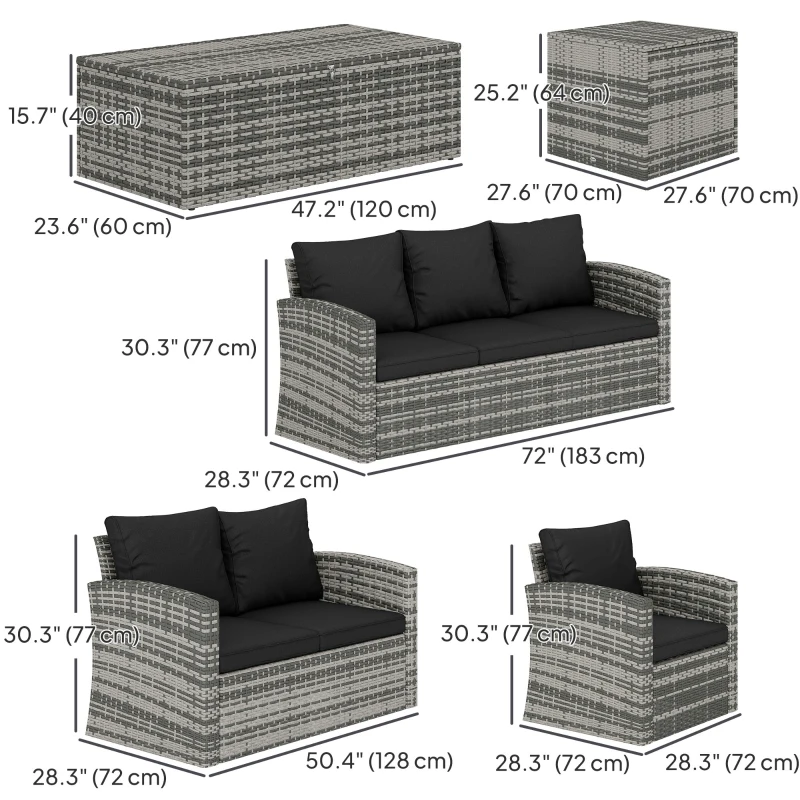 Outsunny 6 Pieces Wicker Patio Furniture Set with Cushions, 7-Seater Rattan Patio Sofa Set with Storage Coffee Table & Side Table, Sectional Outdoor Furniture Set, Black