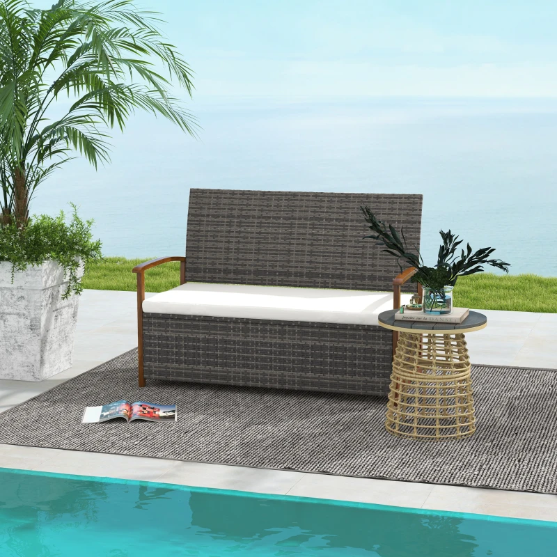 Outsunny Outdoor Rattan Bench with Cushion, Patio Loveseat, Patio Furniture, 50.2" x 25.2" x 31.9", Cream White