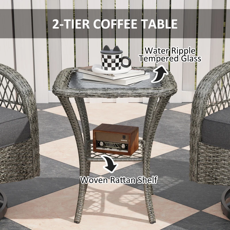 Outsunny Wicker Balcony Furniture with 2 Swivel Rocking Chairs and 2-Tier Glass Coffee Table, 3 Piece Patio Set for Porch, Grey