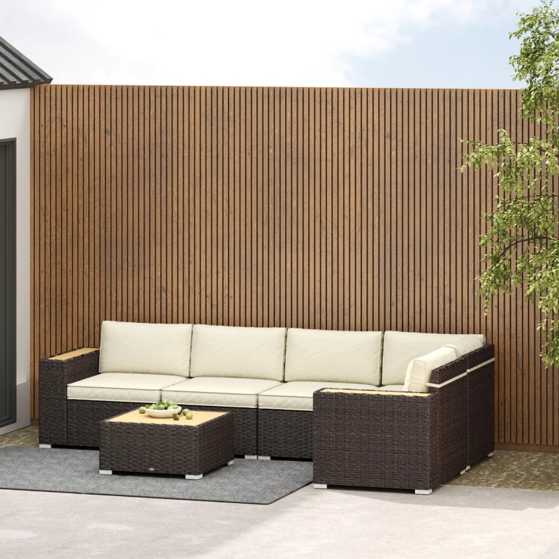 Outsunny 6 Pieces Outdoor Rattan Patio Furniture Set with Corner Sofa, Wood-Plastic Coffee Table, Light Khaki