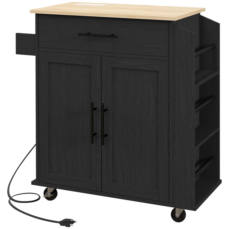HOMCOM Rolling Island with Wheels for Kitchen, Kitchen Island on Rollers with Power Outlets, Drawer, and Doors, Black