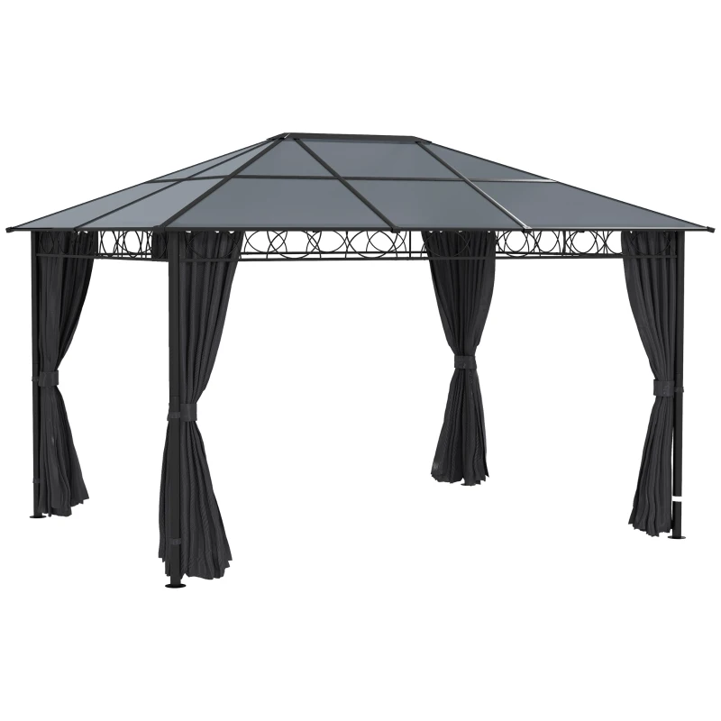 Outsunny 13' x 10' Polycarbonate Hardtop Gazebo Canopy, Outdoor Patio Gazebo with Aluminum Frame & Curtains, Dark Grey