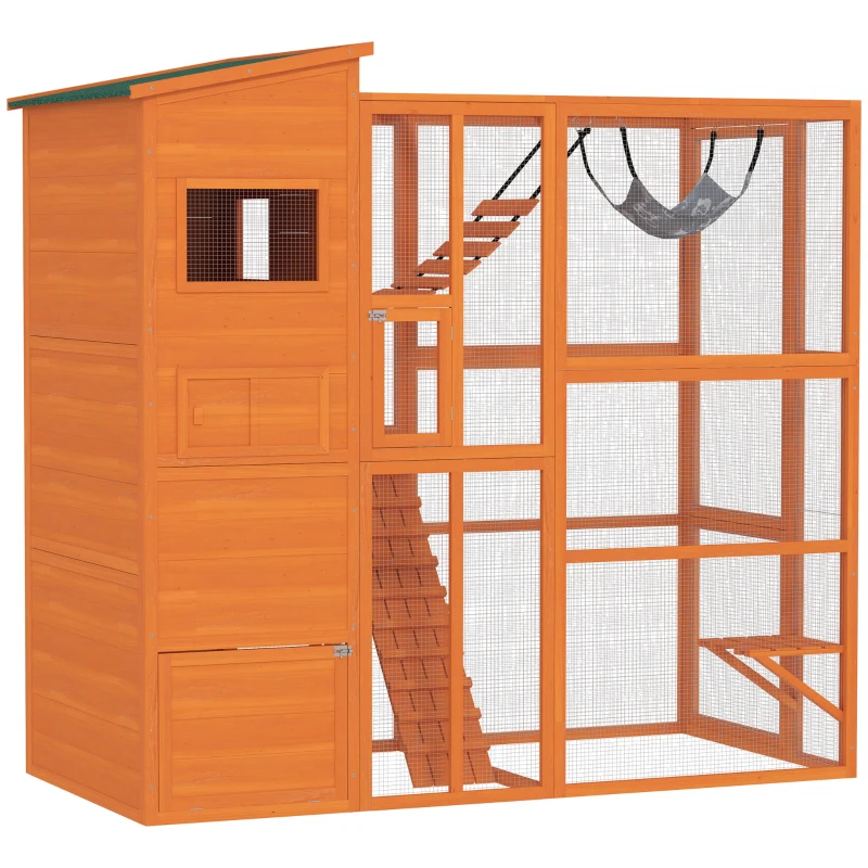PawHut 76" Catio Outdoor Cat Enclosure with Cat Condo, Jumping Platforms, Ladder, Ramps, Hammock for 2-3 Indoor Cats, Orange