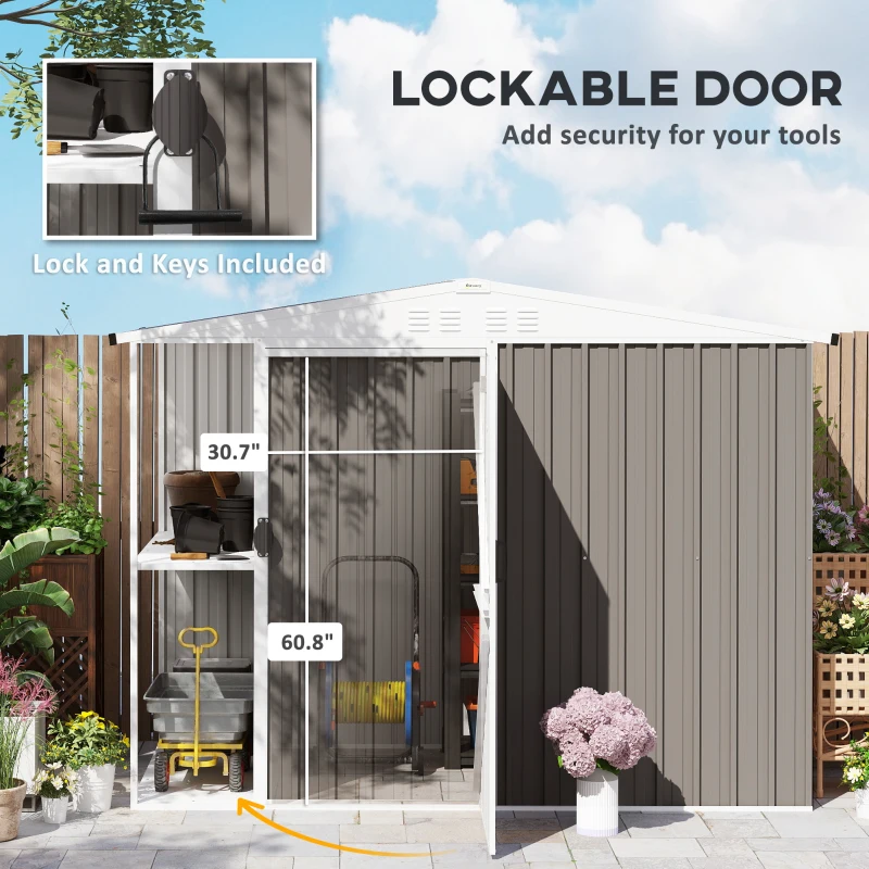 Outsunny 8 x 4ft Outdoor Garden Shed, Metal Shed with Air Vents and Lock for Backyard, Garden, Patio, Warm Gray