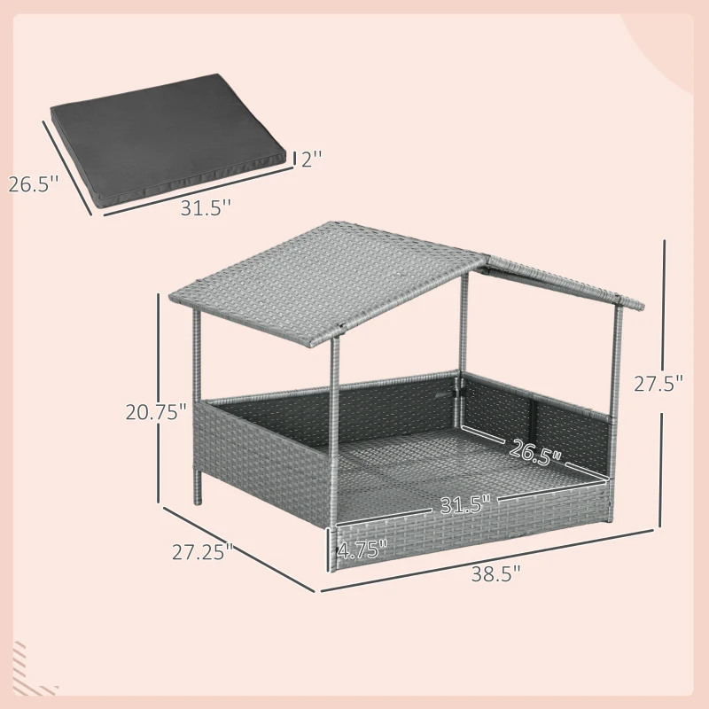 PawHut Wicker Dog House Outdoor with Canopy, Rattan Dog Bed with Water-resistant Cushion, Raised Pet Bed for Small, Medium Breeds up to 66 lbs, 20" in Length, Silver Wicker, Gray Cushion