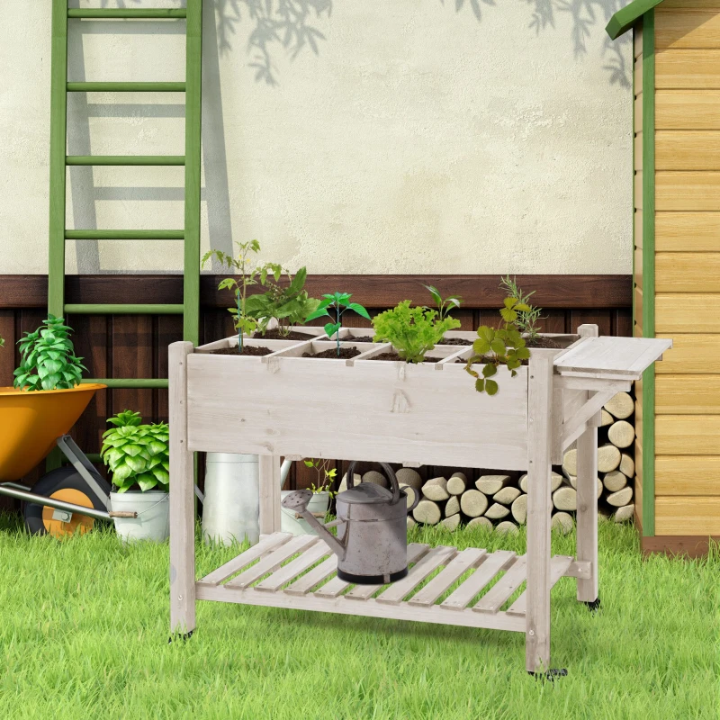 Outsunny Raised Garden Bed Planter Box w/ 8 Grow Grids, Storage Shelf & Lockable Wheels
