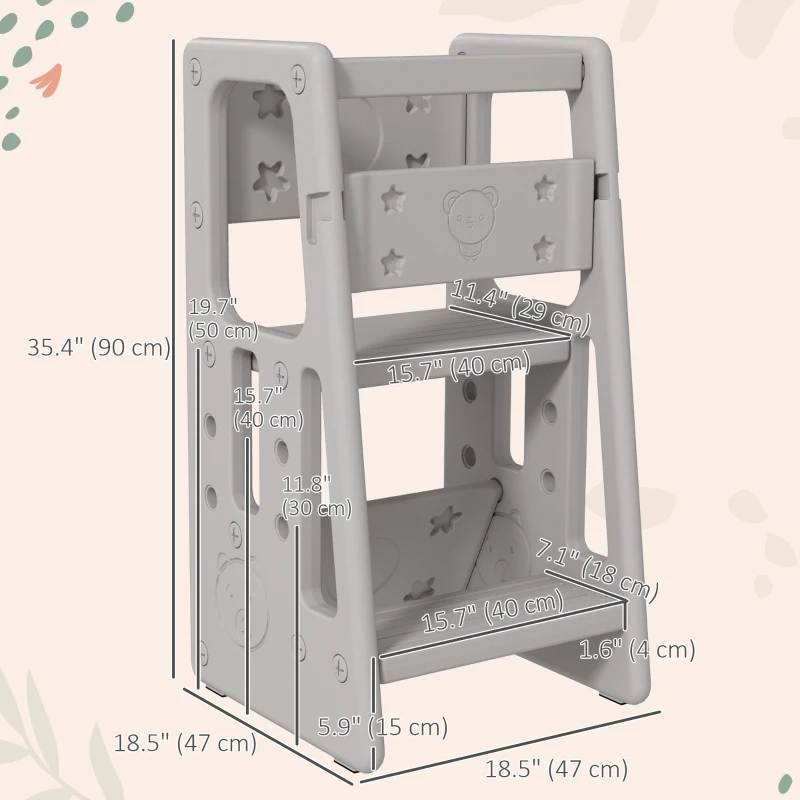 Qaba Toddler Kitchen Helper 2 Step Stool with Adjustable Height Platform and Safety Rail, Grey