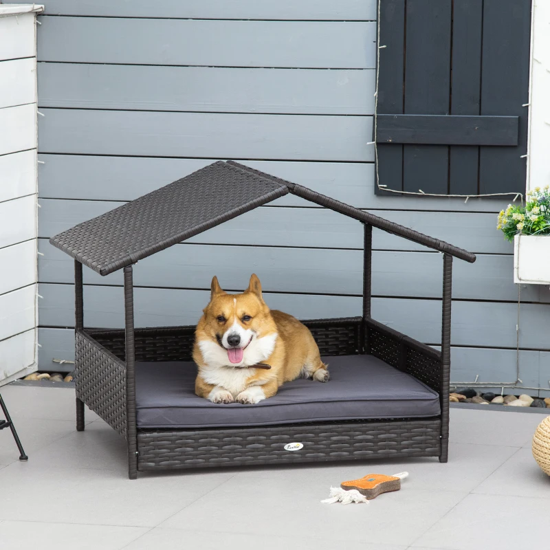 PawHut Wicker Dog House Outdoor with Canopy, Rattan Dog Bed with Water-resistant Cushion, Raised Pet Bed for Small, Medium Breeds up to 66 lbs, 20" in Length, Brown Wicker, Gray Cushion