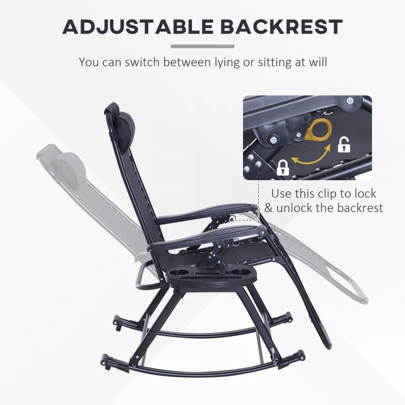 Outsunny 2 in 1 Adjustable Zero Gravity Reclining Lounge Chair Garden Recliner and Rocker Foldable Sun Lounger Napping Seat w/ Headrest & Tray Black